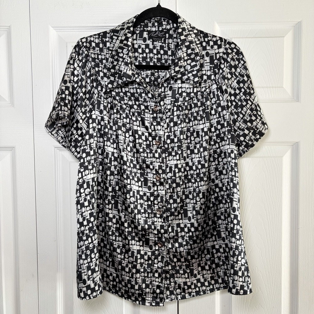 Russell Kemp Geometric Button Up Blouse Womens 1X Black White Abstract Retro Mod